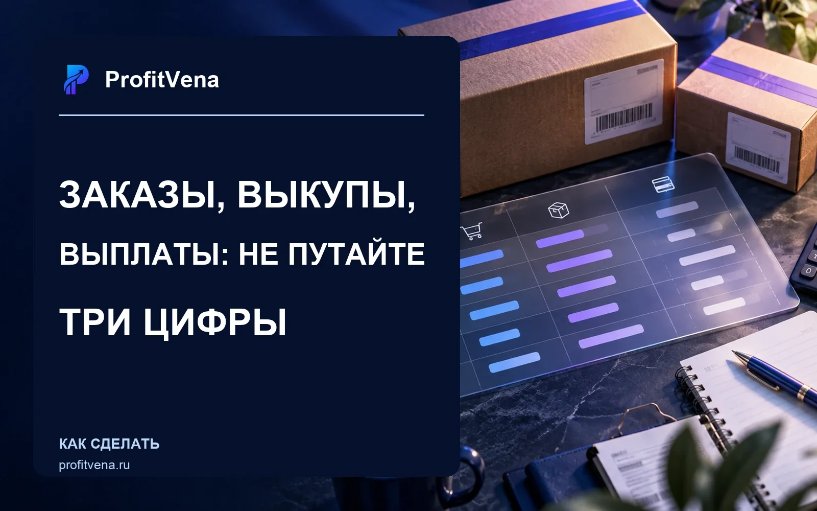 Рабочее место продавца маркетплейса с посылками и тремя колонками данных для сверки, ProfitVena