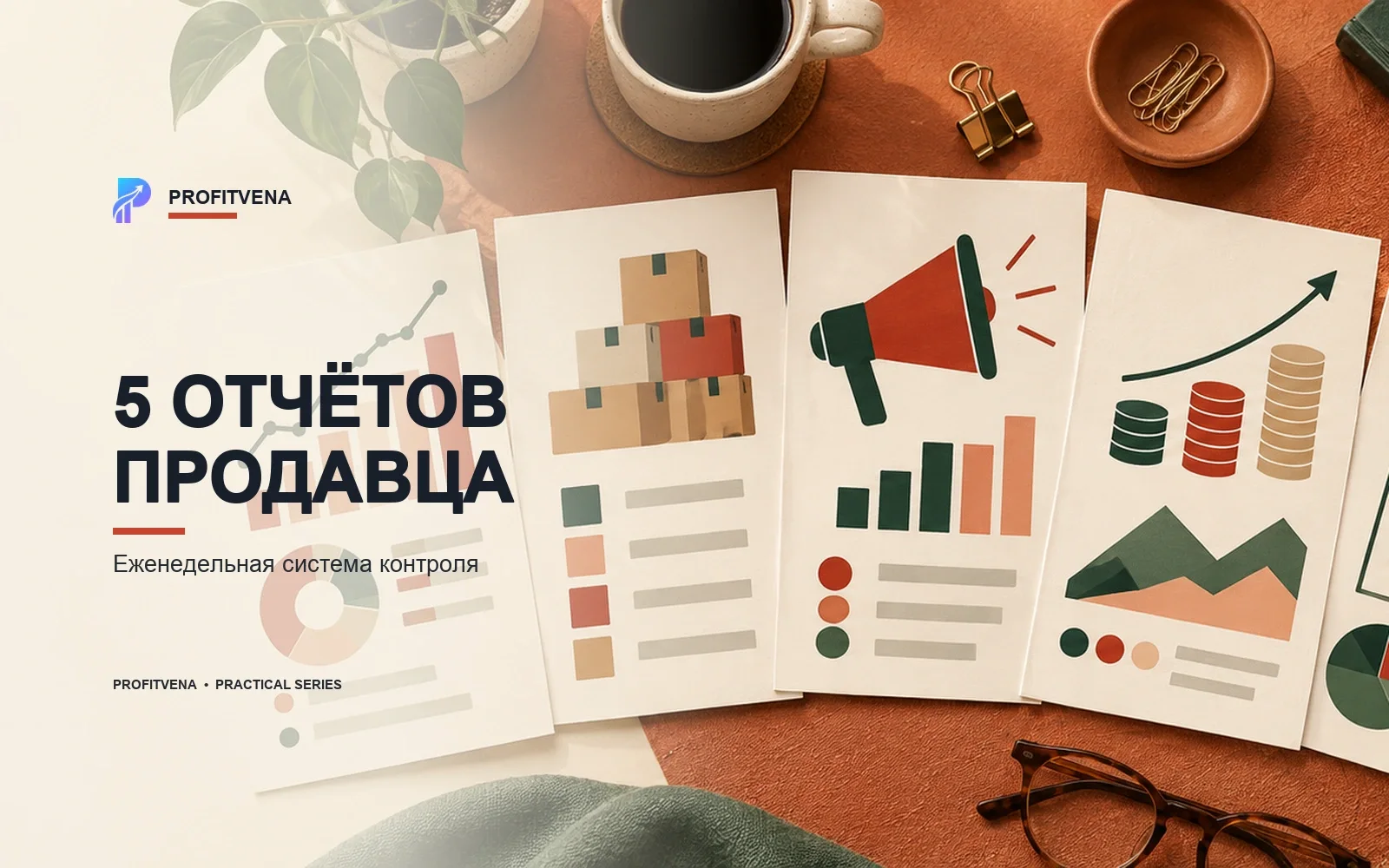 Пять связанных панелей контроля продаж, запасов, рекламы, прибыли и выплат вокруг ProfitVena