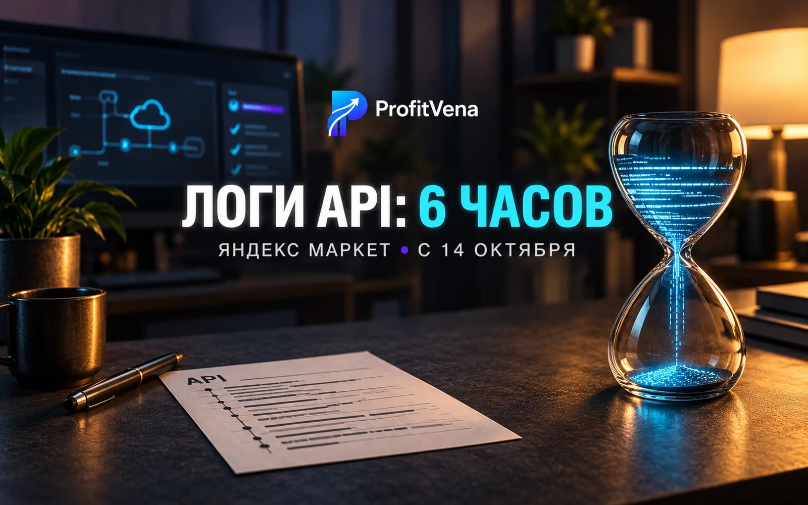 Обложка ProfitVena: песочные часы показывают шестичасовой срок доступа к API-логам Яндекс Маркета
