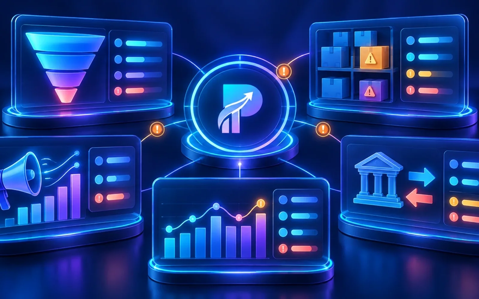 Пять связанных панелей контроля продаж, запасов, рекламы, прибыли и выплат вокруг ProfitVena