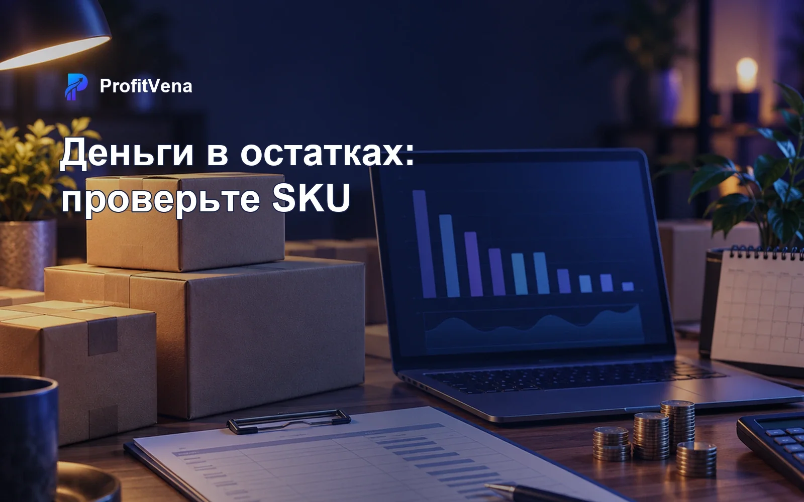 Коробки товара, учёт остатков и график продаж на рабочем столе продавца